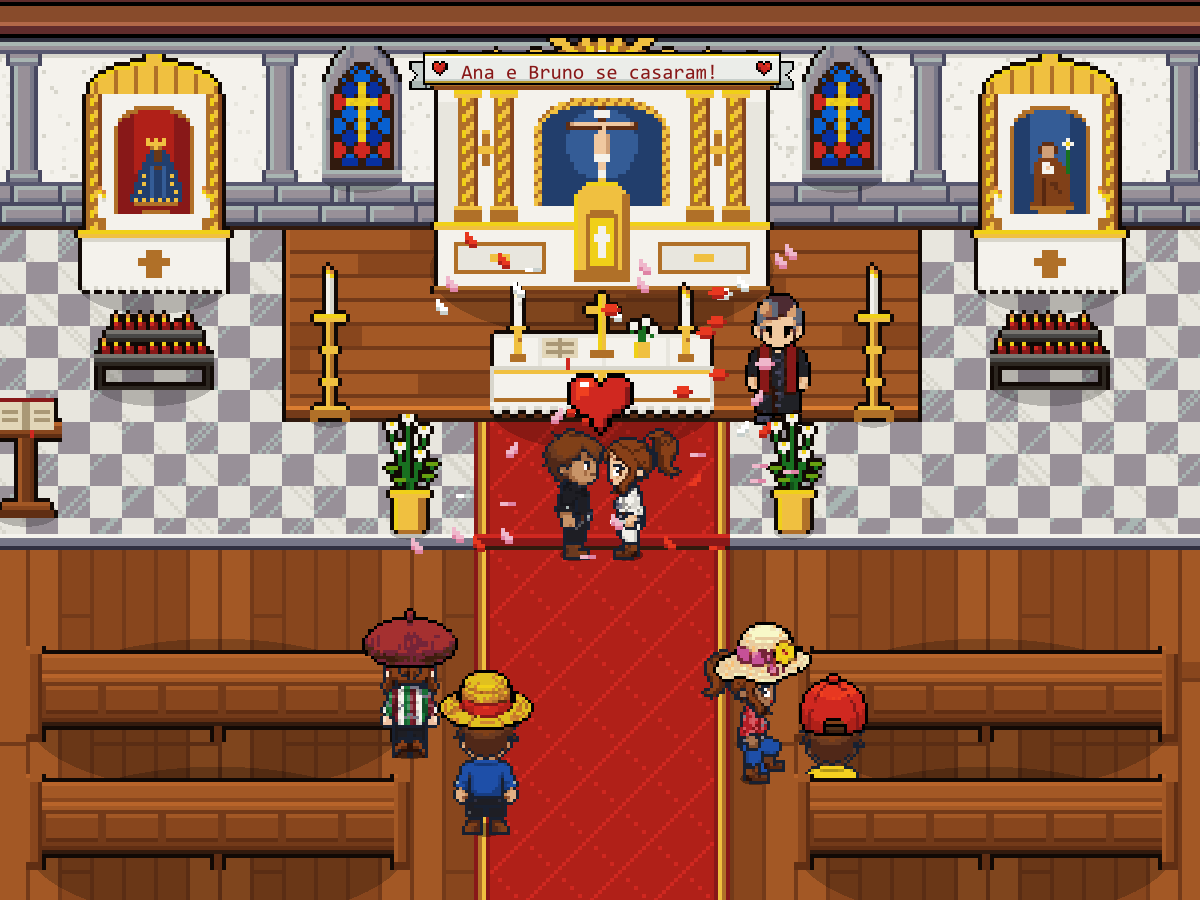 O Picotta em movimento: a capela da igreja num casamento — os noivos de gala se beijam diante do altar, o padre ao lado, pétalas caindo, a faixa 'Ana e Bruno se casaram!' no retábulo e os amigos assistindo dos bancos