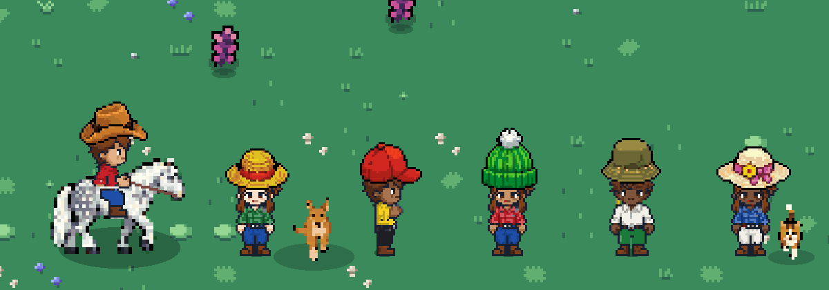 Seis fazendeiros do Picotta no capim, cada um com um chapéu: o vaqueiro montado na égua, a moça de chapéu de palha com o cachorro, o de boné dançando, a de gorro, o pescador e a de chapéu de sol com o gato