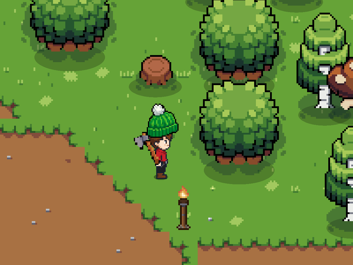 Print do Picotta: o lenhador de gorro na floresta, com o toco da árvore que já caiu