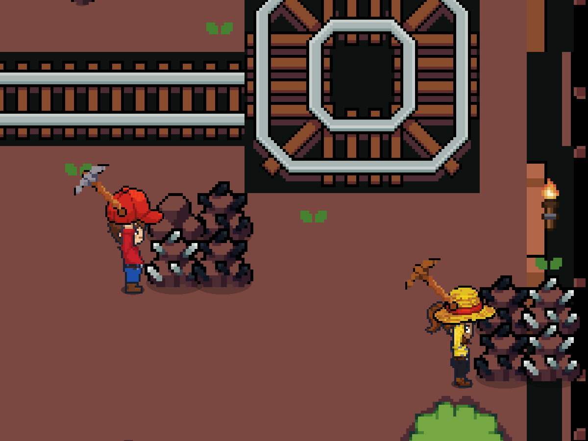Print do Picotta: dentro da mina, dois fazendeiros minerando ferro e carvão ao lado dos trilhos, e um veio já esgotado